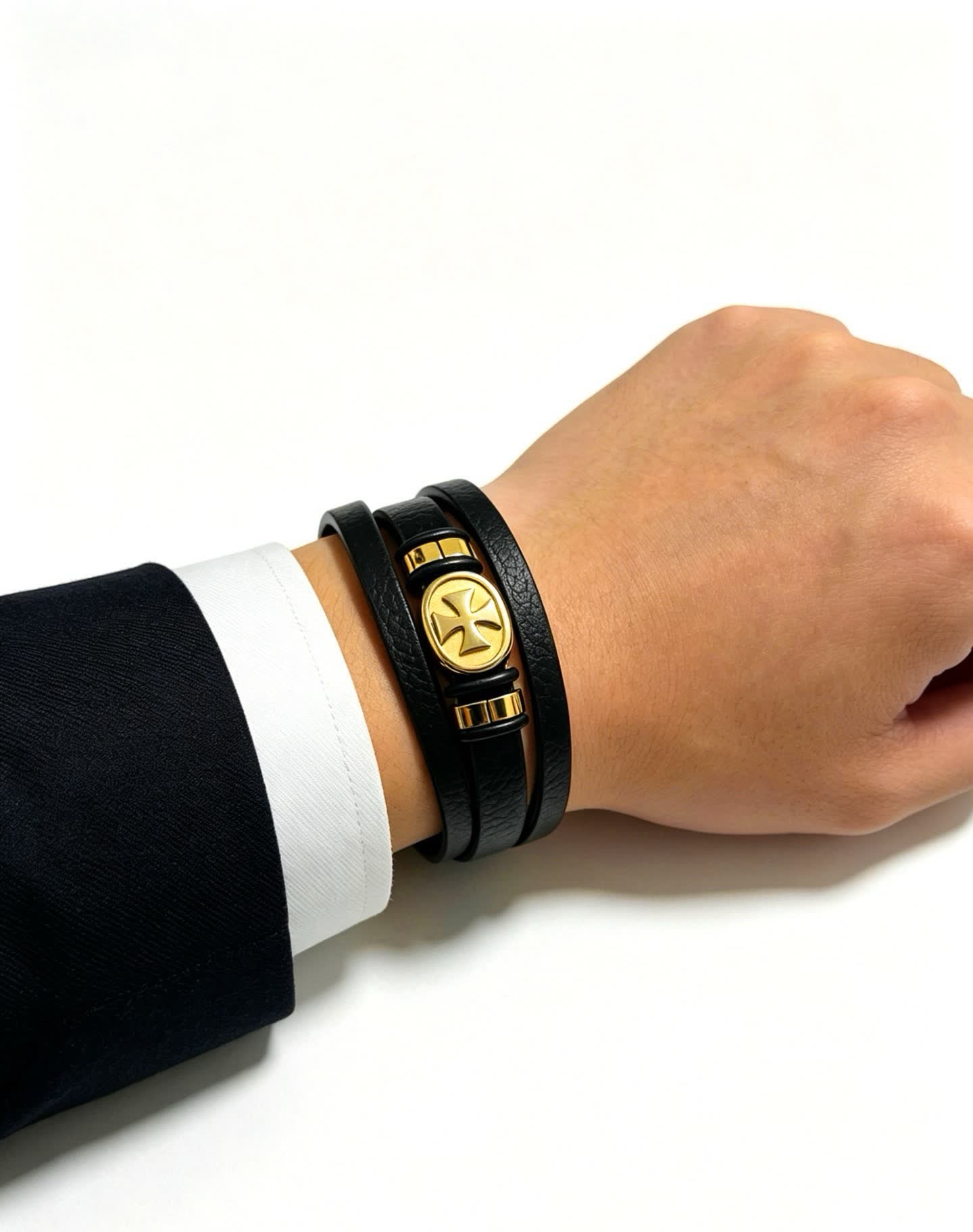 Chrome Hearts Black Leather Bracelet with Gold Cross